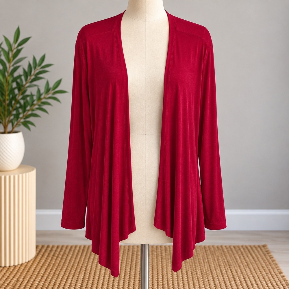 Chico's Travelers Cardigan Red Open Front Draped Waterfall Hem Size 2 Large